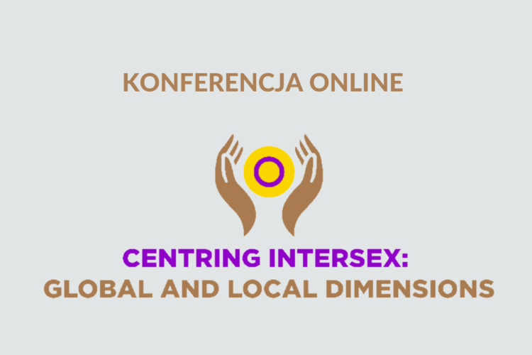 Grafika przedstawia logo konferencji - dwie dłonie podtrzymujące symbol z flagi osób interpłciowych: purpurowy okrąg na żółtym tle oraz tekst" konferencja online - Centring Intersex: global and local dimensions"